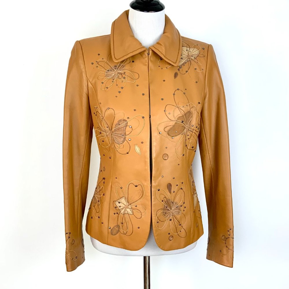 Dana Buchman Genuine Leather Embroidered Boho Jacket Sz 4